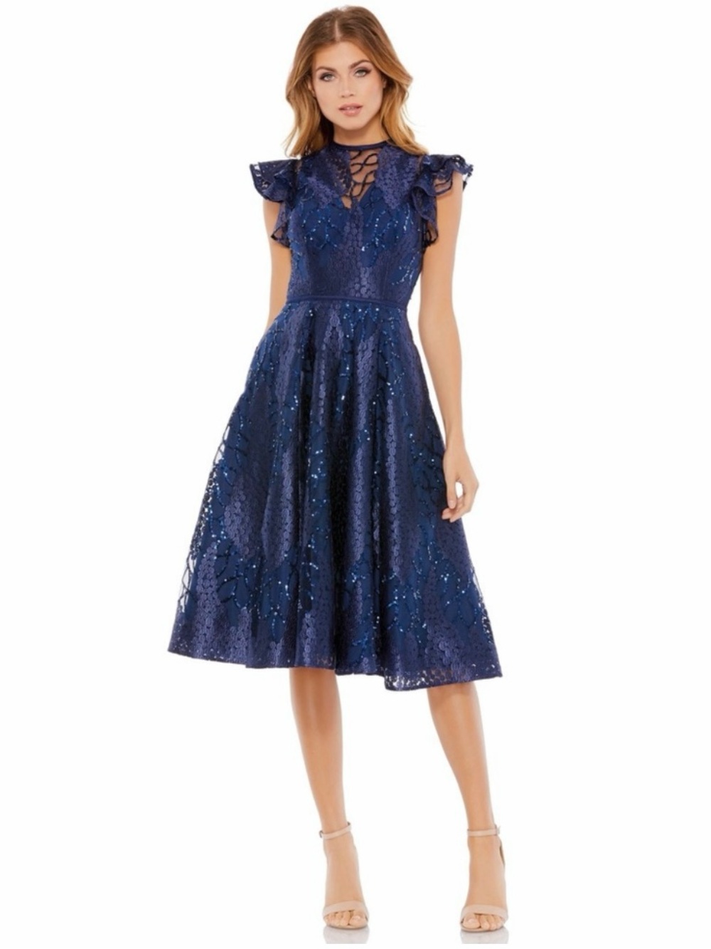 MAC DUGGAL Navy Sparkle Flutter Sleeve Sequin Applique Cocktail Dress NEW Size 8